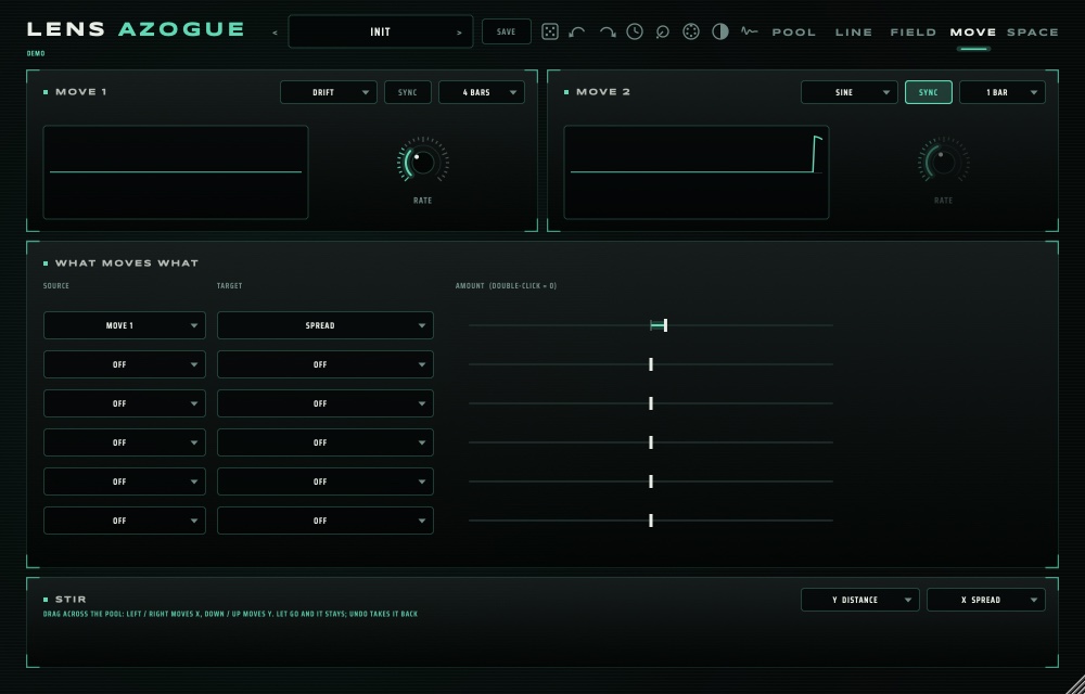 MOVE page: two movers and a six-slot matrix