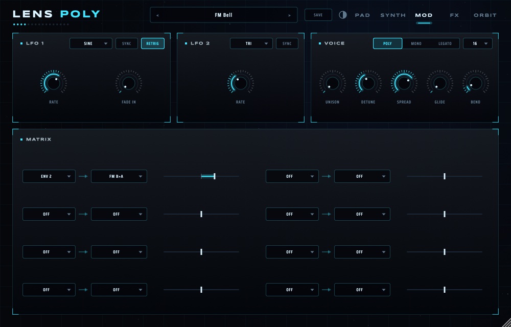 MOD page with LFOs, voice and matrix